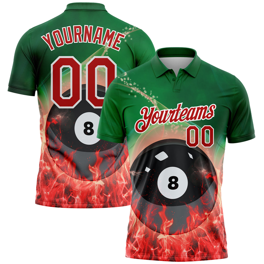 Custom Green Red-White 3D Pattern Design Flame Billiards 8 Ball Performance Polo Shirt