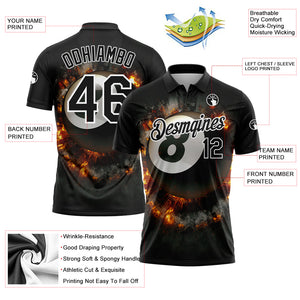 Custom Black White 3D Pattern Design Flame Billiards 8 Ball Performance Polo Shirt