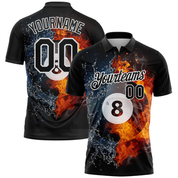 Custom Black White 3D Pattern Design Flame Billiards 8 Ball Performance Polo Shirt