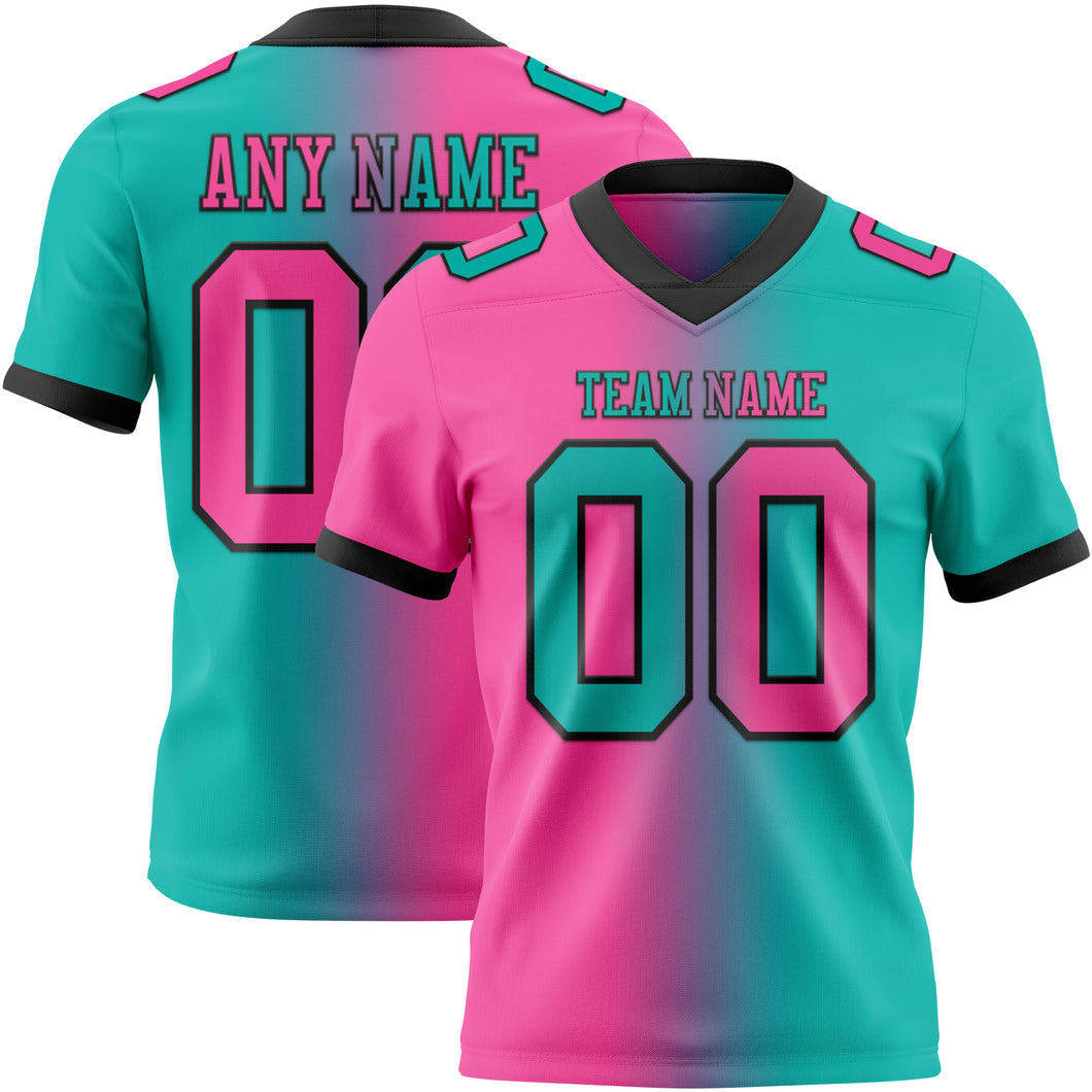 Custom Aqua Pink-Black Mesh Authentic Gradient Fashion Football Jersey