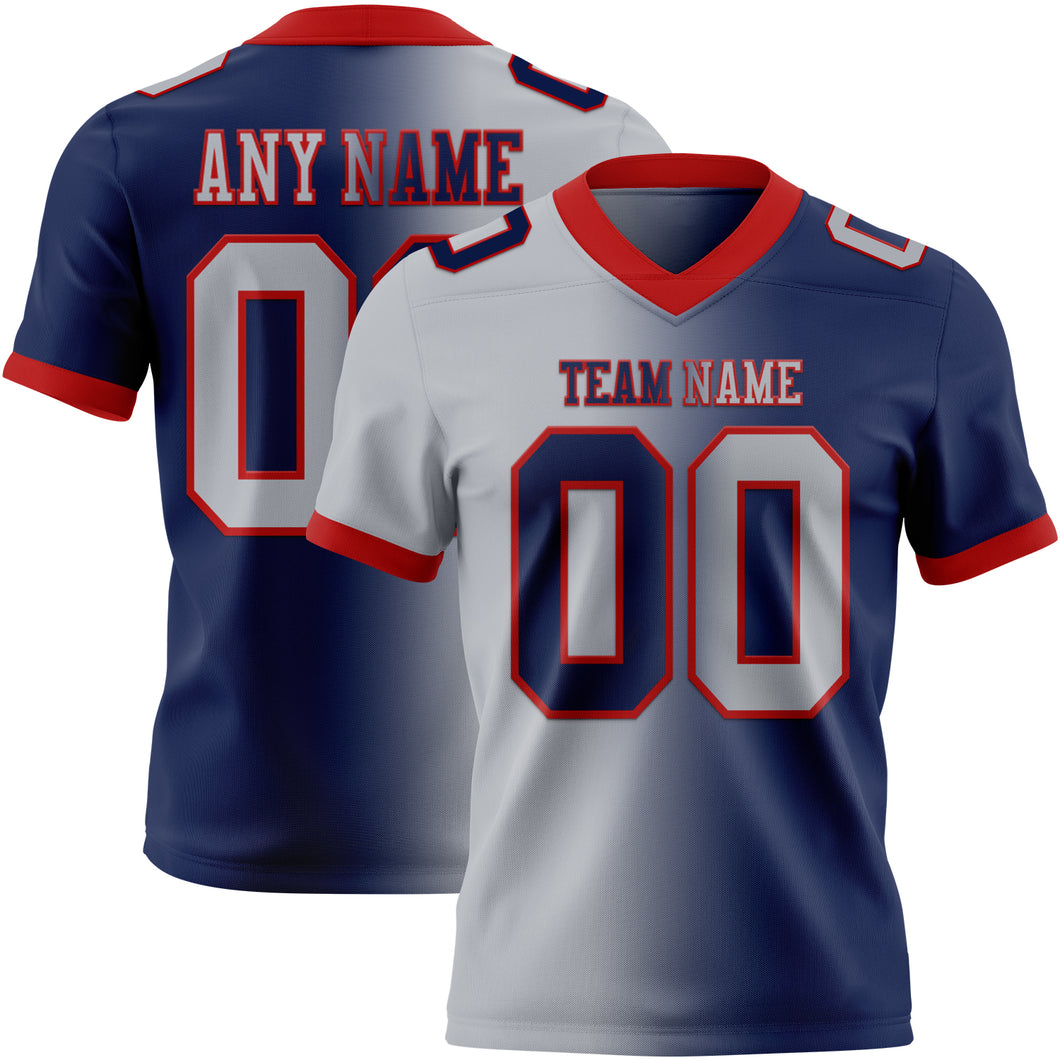 Custom Navy Gray-Red Mesh Authentic Gradient Fashion Football Jersey