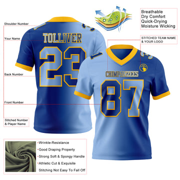 Custom Royal Light Blue-Gold Mesh Authentic Gradient Fashion Football Jersey