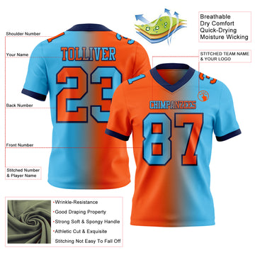 Custom Sky Blue Orange-Navy Mesh Authentic Gradient Fashion Football Jersey