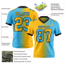 Load image into Gallery viewer, Custom Sky Blue Gold-Black Mesh Authentic Gradient Fashion Football Jersey
