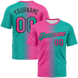 Custom Aqua Pink-Black Gradient Fashion Performance T-Shirt