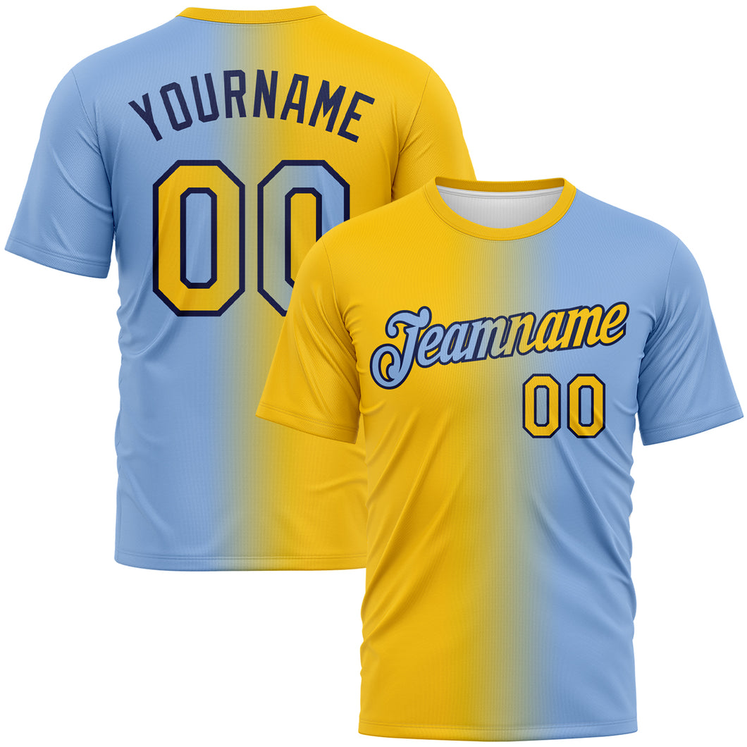 Custom Light Blue Yellow-Navy Gradient Fashion Performance T-Shirt