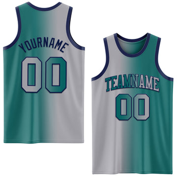 Custom Teal Gray-Navy Authentic Gradient Fashion Basketball Jersey