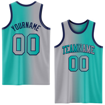 Custom Aqua Gray-Navy Authentic Gradient Fashion Basketball Jersey