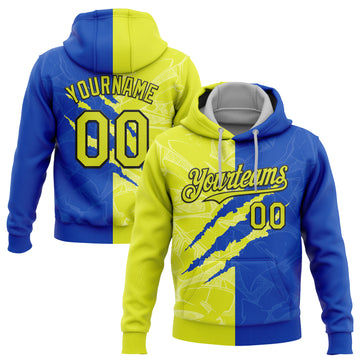 Custom Stitched Graffiti Pattern Neon Yellow Thunder Blue-Black 3D Scratch Sports Pullover Sweatshirt Hoodie