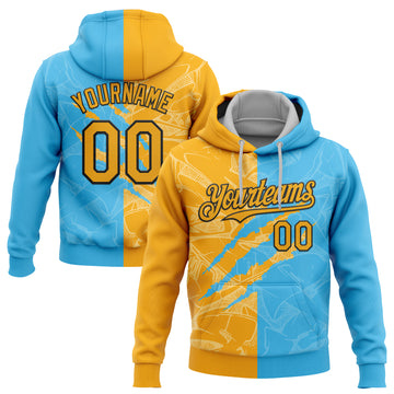 Custom Stitched Graffiti Pattern Gold Sky Blue-Black 3D Scratch Sports Pullover Sweatshirt Hoodie