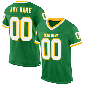 Custom Grass Green White-Gold Mesh Authentic Throwback Football Jersey