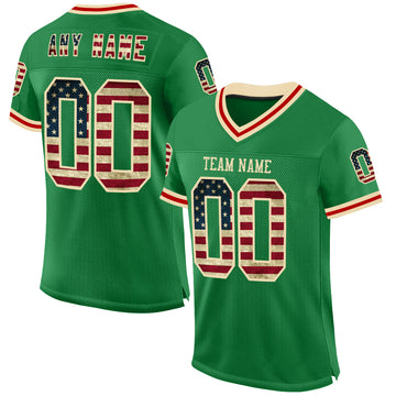 Custom Grass Green Vintage USA Flag Cream-Red Mesh Authentic Throwback Football Jersey