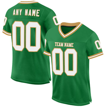 Custom Grass Green White-Old Gold Mesh Authentic Throwback Football Jersey