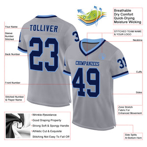 Custom Gray Navy-Light Blue Mesh Authentic Throwback Football Jersey