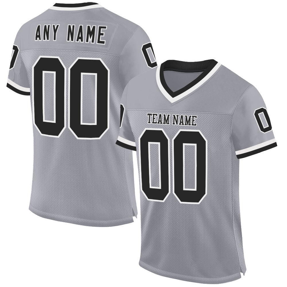 Custom Gray Black-White Mesh Authentic Throwback Football Jersey