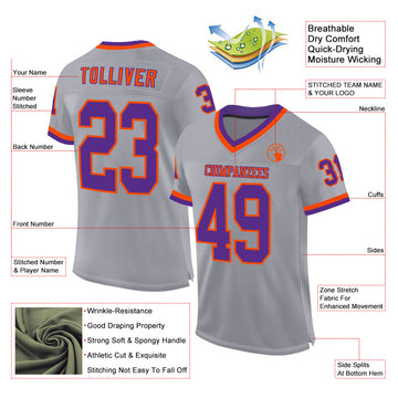 Custom Gray Purple-Orange Mesh Authentic Throwback Football Jersey