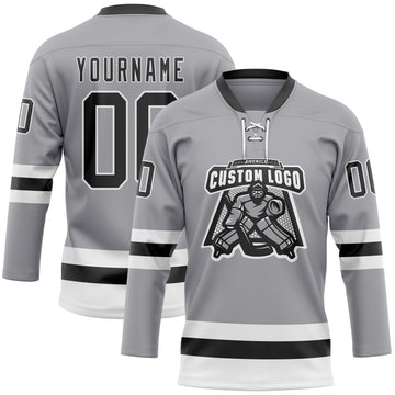 Custom Gray Black-White Hockey Lace Neck Jersey