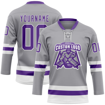 Custom Gray Purple-White Hockey Lace Neck Jersey