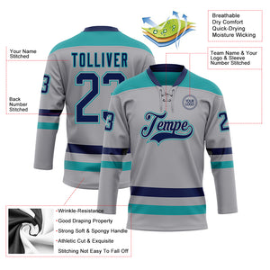 Custom Gray Navy-Teal Hockey Lace Neck Jersey