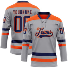 Load image into Gallery viewer, Custom Gray Navy-Orange Hockey Lace Neck Jersey
