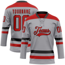 Load image into Gallery viewer, Custom Gray Red-Black Hockey Lace Neck Jersey
