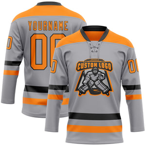 Custom Gray Bay Orange-Black Hockey Lace Neck Jersey