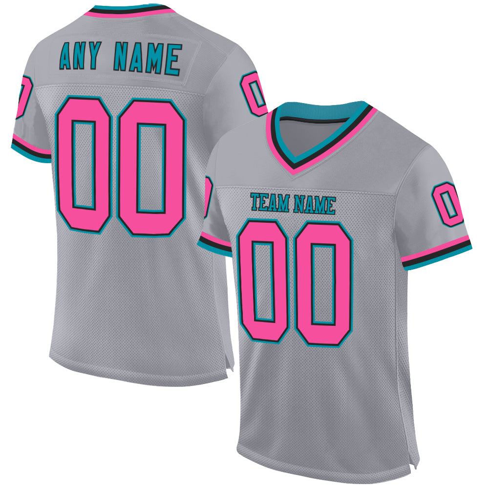 Custom Gray Pink Black-Teal Mesh Authentic Throwback Football Jersey