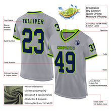 Load image into Gallery viewer, Custom Gray Navy-Neon Green Mesh Authentic Throwback Football Jersey
