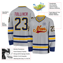 Load image into Gallery viewer, Custom Gray Navy Gold-Maroon Hockey Jersey
