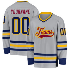 Load image into Gallery viewer, Custom Gray Navy Gold-Maroon Hockey Jersey
