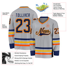 Load image into Gallery viewer, Custom Gray Navy Gold-Orange Hockey Jersey
