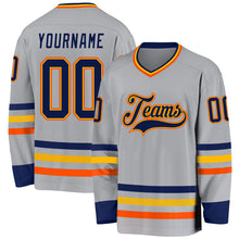 Load image into Gallery viewer, Custom Gray Navy Gold-Orange Hockey Jersey
