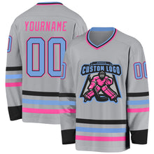 Load image into Gallery viewer, Custom Gray Light Blue Black-Pink Hockey Jersey
