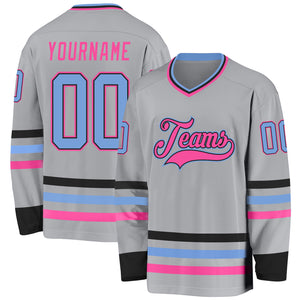 Custom Gray Light Blue Black-Pink Hockey Jersey