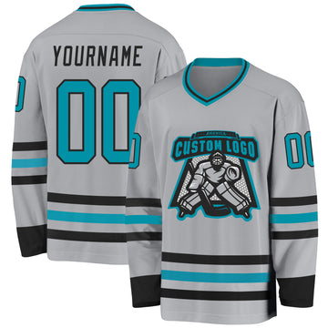 Custom Gray Teal-Black Hockey Jersey