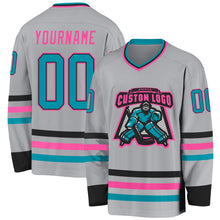 Load image into Gallery viewer, Custom Gray Teal Black-Pink Hockey Jersey
