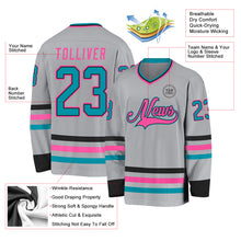 Load image into Gallery viewer, Custom Gray Teal Black-Pink Hockey Jersey
