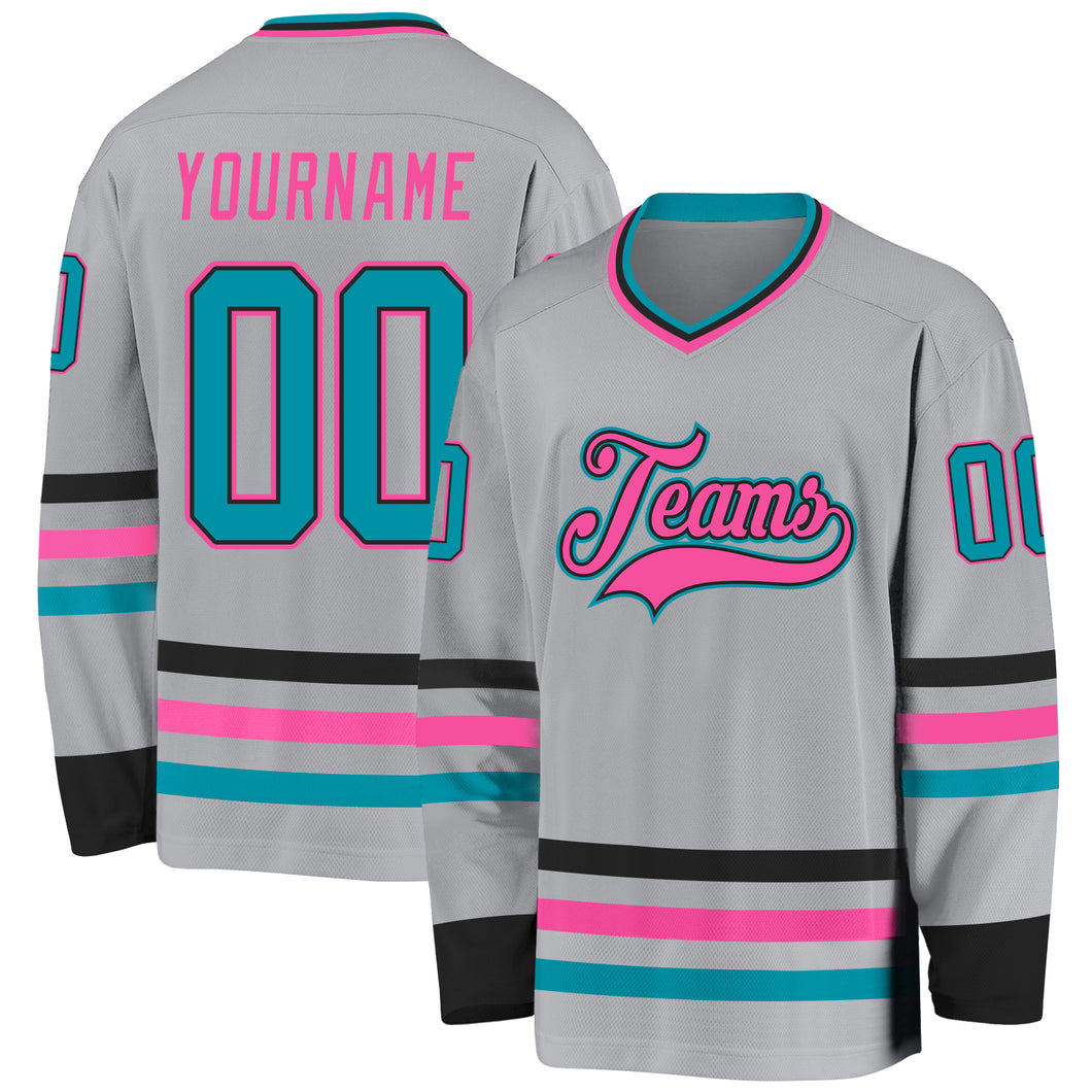 Custom Gray Teal Black-Pink Hockey Jersey