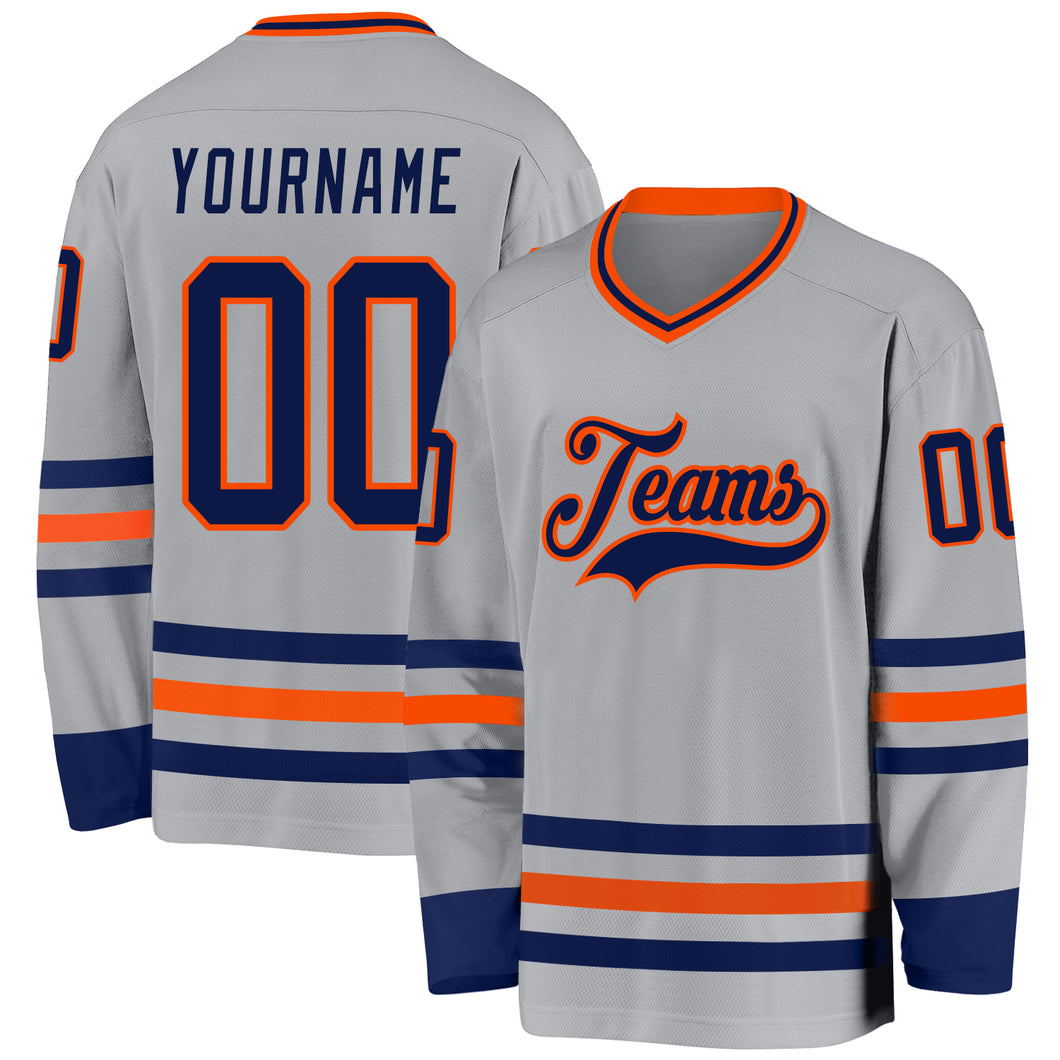 Custom Gray Navy-Orange Hockey Jersey