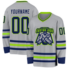 Load image into Gallery viewer, Custom Gray Navy-Neon Green Hockey Jersey
