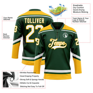 Custom Green White-Gold Hockey Lace Neck Jersey