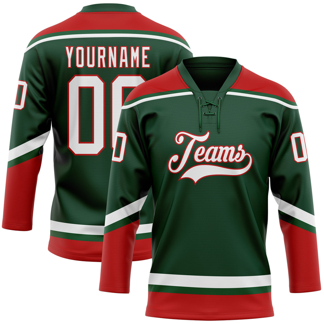 Custom Green White-Red Hockey Lace Neck Jersey