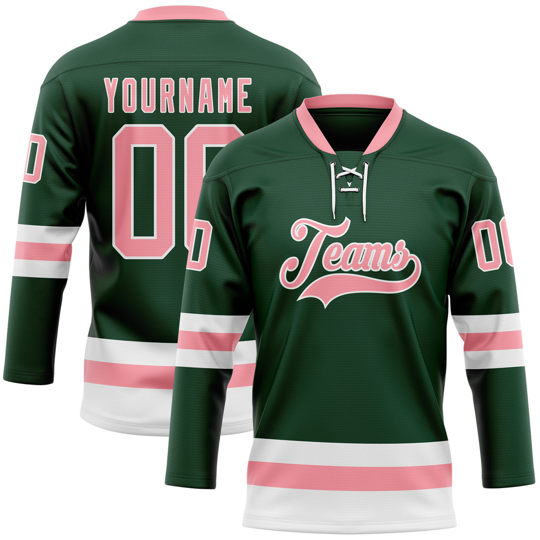 Custom Green Medium Pink-White Hockey Lace Neck Jersey