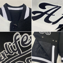 Load image into Gallery viewer, Custom White Black Bomber Full-Snap Varsity Letterman Split Fashion Jacket
