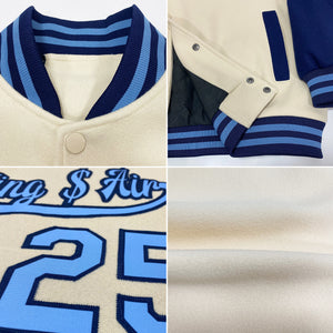 Custom Cream Light Blue-Navy Bomber Full-Snap Varsity Letterman Two Tone Jacket