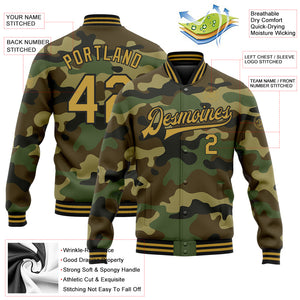 Custom Camo Old Gold-Black Bomber Full-Snap Varsity Letterman Salute To Service Jacket