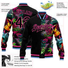 Load image into Gallery viewer, Custom Black Pink-Light Blue Hawaii Palm Trees 3D Bomber Full-Snap Varsity Letterman Jacket
