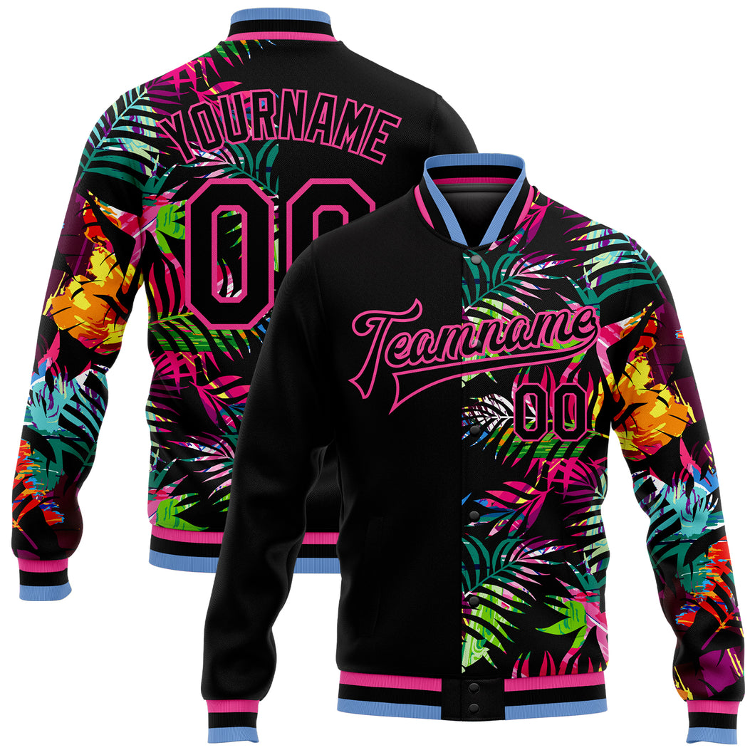 Custom Black Pink-Light Blue Hawaii Palm Trees 3D Bomber Full-Snap Varsity Letterman Jacket