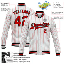 Load image into Gallery viewer, Custom White Red Pinstripe Black Bomber Full-Snap Varsity Letterman Jacket
