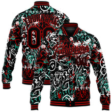 Load image into Gallery viewer, Custom Graffiti Pattern Black-Red Abstract Grunge Art 3D Bomber Full-Snap Varsity Letterman Jacket
